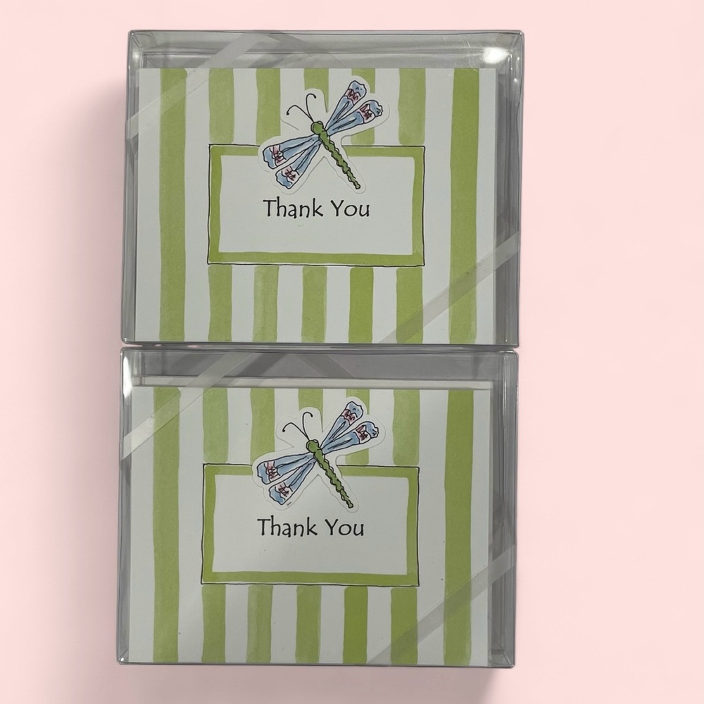 Cute Green white striped dragonfly notecards new in box 2 sets of 10 4.25 x 5.5”